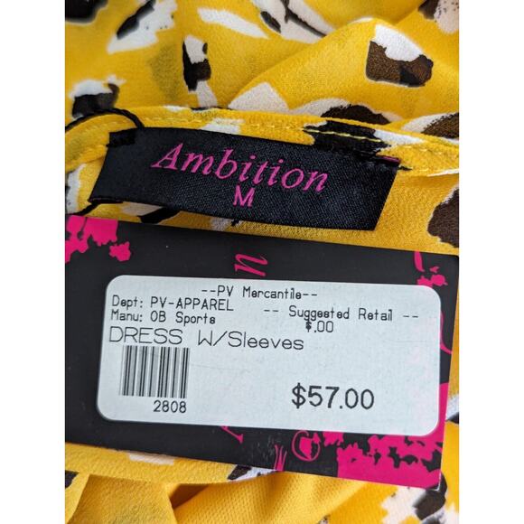 Ambition sz M Dress yellow lined sheer fluted skirt area matching belt S6 - Picture 5 of 6